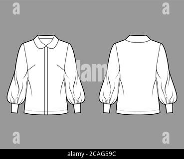 Camicia lunga a manica alfiere illustrazione tecnica della moda con colletto rotondo, chiusura frontale con bottoni, silhouette allentata. Modello di abbigliamento per blusa piatta, colore bianco sul retro anteriore. Donne, uomini unisex top mockup Illustrazione Vettoriale