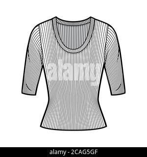 Maglione a maglia con manico a coste, illustrazione tecnica della moda con maniche a gomito, forma aderente. Modello di abbigliamento da outwear piatto, colore bianco frontale. Donna, uomo maglia unisex top mockup CAD Illustrazione Vettoriale