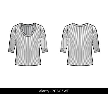 Maglione a maglia con collo a coste illustrazione tecnica della moda con maniche a gomito, corpo oversize. Modello di outwear piatto davanti, colore bianco posteriore. Donna, uomo maglia unisex top mockup CAD Illustrazione Vettoriale