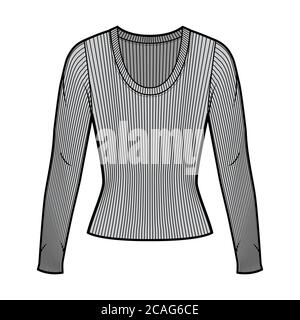 Maglione a maglia con manico a coste, illustrazione tecnica della moda a maniche lunghe, forma aderente. Modello di abbigliamento da outwear piatto, colore grigio. Donna uomo, maglia unisex top mockup CAD Illustrazione Vettoriale