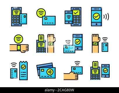 Icona di pagamento senza contatto stile colorline. Simboli per siti Web, riviste, app e design. Illustrazione Vettoriale