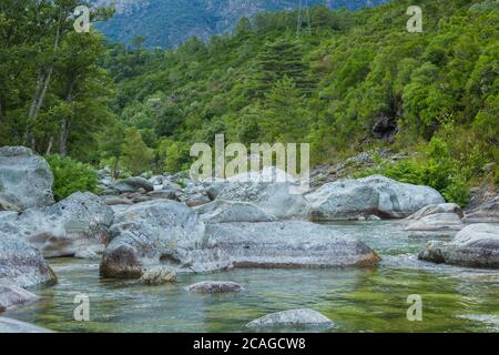 Un torrente sassoso nelle montagne della Corsica Foto Stock