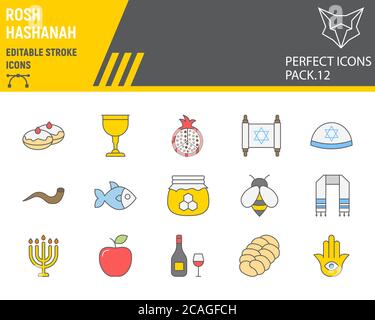 Insieme di icone della linea di colore Rosh hashanah, collezione hanukkah, schizzi vettoriali, illustrazioni del logo, icone shana tova, segni rosh hashanah profilo riempito Illustrazione Vettoriale