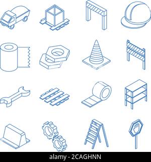 costruzione di riparazione isometrica attrezzatura e attrezzatura legno carriola nastro di barriera cacciavite barile carrello barilotti icone stile piatto set illustrazione vettoriale Illustrazione Vettoriale