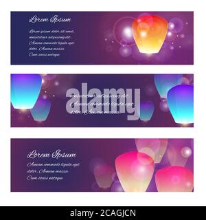 Set di striscioni orizzontali con lanterne del cielo, paillettes e posto per il testo. Elemento vettoriale per il progetto Illustrazione Vettoriale