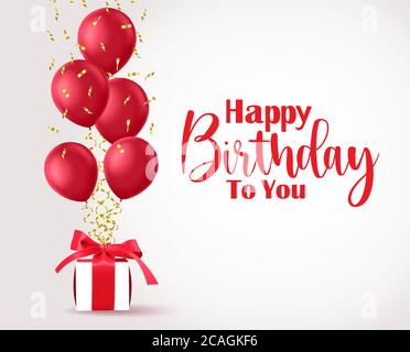 Modello di banner vettoriale Happy Birthday. Testo di buon compleanno con palloncini rossi ed elementi di festa regalo in spazio vuoto per i messaggi in bianco. Illustrazione Vettoriale