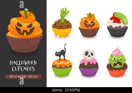 Set di cupcake di Halloween. Deliziosi dessert spaventosi, perfetti per gli inviti alle feste. Illustrazione vettoriale isolata su sfondo bianco. Set 2 di 3. Illustrazione Vettoriale