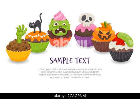 Halloween sfondo con sei creepy halloween cupcakes, isolato su sfondo bianco. Spazio vuoto nella parte inferiore, perfetto per aggiungere il tuo testo. Illustrazione Vettoriale