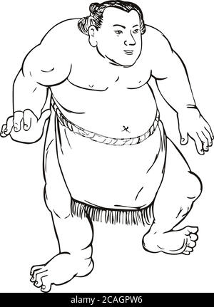 Illustrazione in stile ukiyo-e o ukiyo di un lottatore professionista di sumo o di un rikishi in posizione di combattimento visto dalla parte anteriore su sfondo isolato fatto in Bla Illustrazione Vettoriale