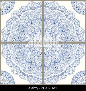 Piastrelle in ceramica maiolica, blu e bianco azulejo, decorazioni originali tradizionali portoghesi e spagnole. Piastrelle di patchwork senza cuciture con motivi vittoriani. Foto Stock