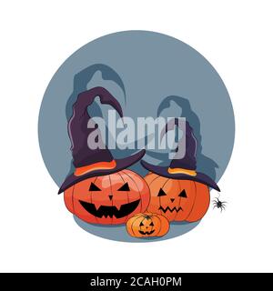 Halloween carino zucche arancioni nell'illustrazione vettoriale dei cappelli della strega. Illustrazione Vettoriale
