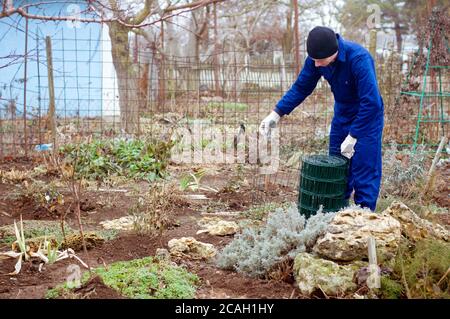 Giardiniere disimballare la rete metallica di filo Foto Stock