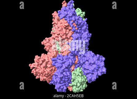 Struttura della glicoproteina di picco SARS-COV-2, modello di superficie, sfondo nero, illustrazione 3D isolata Foto Stock