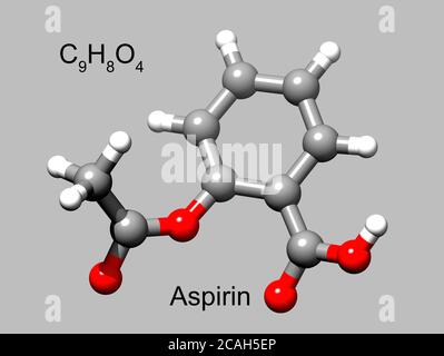 Struttura di acido acetilsalicilico o aspirina, un modello 3D a sfera e bastone, fondo grigio Foto Stock