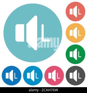 Icone bianche piatte del canale audio sinistro su sfondi rotondi Illustrazione Vettoriale