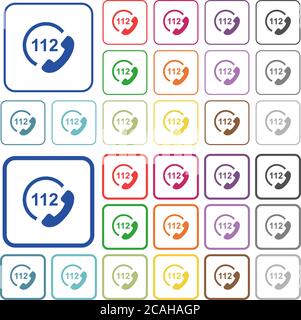 Chiamata di emergenza 112 icone piatte a colori in cornici quadrate arrotondate. Versioni sottili e spesse incluse. Illustrazione Vettoriale