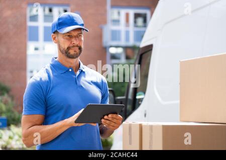 Addetto alla consegna che utilizza il tablet per il servizio di trasporto dei veicoli Foto Stock