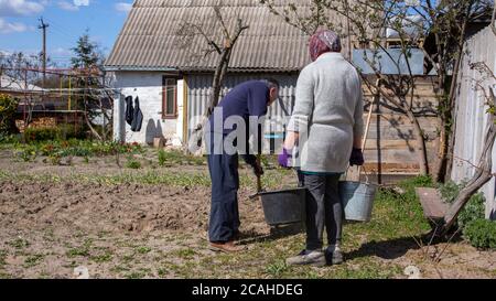 agricoltura, giardinaggio, agricoltura e concetto di persone - felice coppia senior che lavora in giardino in fattoria estiva Foto Stock