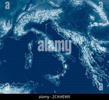 Vista satellitare sul Mar Mediterraneo. Italia, Balcani e coste della Grecia. Rilievi montuosi. Mappa fisica con rilievi montani Foto Stock