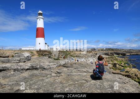 Portland Bill Lighthouse, un faro storico e funzionante a Portland Bill, sulla punta meridionale dell'Isola di Portland, Dorset, Inghilterra, Regno Unito Foto Stock