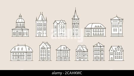 Set di icone di edifici storici. Architettura, concetto di città Illustrazione Vettoriale