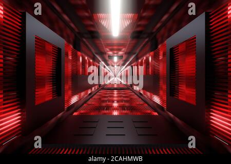 Rappresentazione 3D di un tunnel industriale scuro. Foto Stock