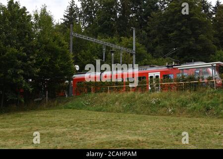 Piccola piattaforma ferroviaria per i passeggeri della stazione ferroviaria locale di Ringlikon con treno elettrico rosso diretto al monte Uetliberg nell'altopiano svizzero. Foto Stock