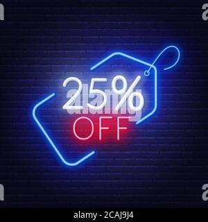 sconto del 25% sul segnale al neon su sfondo scuro. Illustrazione Vettoriale
