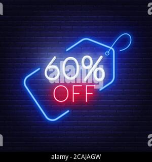 sconto del 60% sul segnale al neon su sfondo scuro. Illustrazione Vettoriale
