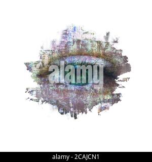 Collage d'arte contemporanea. Bella femmina occhio verde con risposta Sì su giornale texture grunge macchia isolato su sfondo bianco. Opere d'arte moderne. N Foto Stock