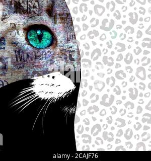 Collage di arte di supporti misti. Vista ravvicinata del gatto con gli occhi verdi. Taglio verticale su stampa leopardata in bianco e nero verniciata a mano e stampa su carta da giornale Foto Stock