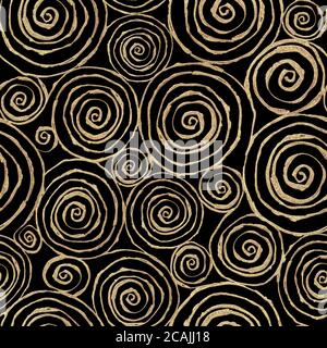 Modello senza giunture astratto con vernice acrilica brillante 3d circolare a spirale su sfondo nero. Le spirali con glitter disegnate a mano sono infinite Foto Stock