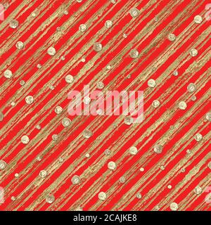 Motivo senza cuciture astratto con vernice acrilica brillante 3d punto polka e strisce su sfondo rosso. Trama a strisce con glitter disegnate a mano. Stampa per Foto Stock