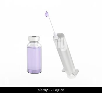 flaconcino e siringa medica di plastica con ago isolato su bianco, concetto di vaccinazione, iniezione. rendering 3d Foto Stock