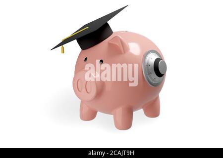 Banco di piggy con serratura di sicurezza e tappo graduato isolato su sfondo bianco. Concetto di protezione del risparmio. illustrazione 3d. Foto Stock