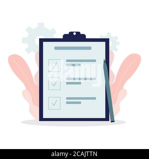 Lista di controllo con matita in stile piatto con decorazioni. Elenco delle cose da fare completato, modulo per l'illustrazione del vettore topografia Illustrazione Vettoriale