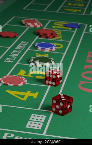 Due dadi su un tavolo di craps accanto ad alcuni chip. illustrazione 3d. Foto Stock