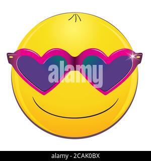 Smiley Emoticon indossa occhiali da sole. Simpatico emoticon sorridente con occhiali da sole scuri, emoji. Il concetto di una vacanza estiva al mare, vacanza. Illustrazione Vettoriale