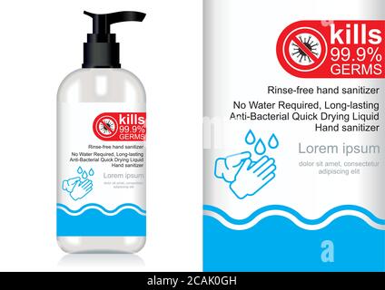 Antisettico. Igienizzante per le mani. Icona dell'igienizzatore. Soluzione antibatterica e antivirus. Simbolo per etichette gel disinfettanti. Detergente per superfici per uccidere i virus, b Illustrazione Vettoriale