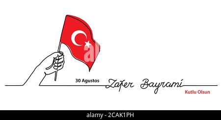 Agosto 30 turkish Victory Day Zafer Bayrami. Semplice banner Web, sfondo vettoriale con bandiera e mano. Un disegno a linea continua con scritta Zafer Illustrazione Vettoriale