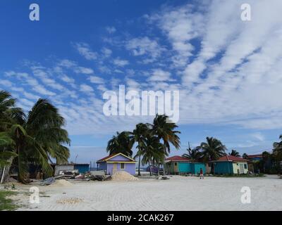 Case colorate e spiaggia con palme a Caye Caulker, Belize. Foto Stock