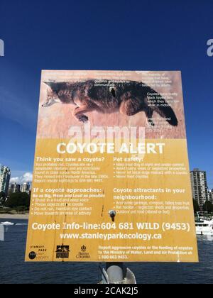 Cartello Coyote Alert al Vanier Park, Vancouver City. Foto Stock