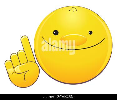 Emoji felice emoticon. Viso emoticon. Gesto della mano. Dito rivolto verso l'alto. Gesto della mano con un dito indice sollevato su sfondo bianco. Illustrazione Vettoriale