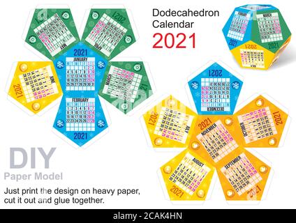 Calendario 2021, Calendario dodecahedron. La settimana inizia lunedì. Modello di carta fai da te. Piccolo progetto artigianale domestico, gioco di carta fai da te. Tagliare, piegare e incollare. Illustrazione Vettoriale