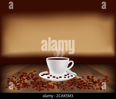 Tazza di caffè fumante su sfondo di legno. Chicchi di caffè su sfondo marrone scuro. Texture a tema caffè per un ulteriore utilizzo nei progetti. Vect Illustrazione Vettoriale