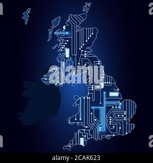 Mappa dei contorni del Regno Unito con un circuito elettronico tecnologico. Illustrazione Vettoriale