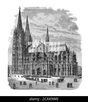 Germania, cattedrale di Colonia in stile gotico medievale con due alte torri, la più grande cattedrale della Germania, la costruzione iniziata nel 13 ° secolo Foto Stock