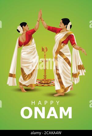 Happy onam Greetings.Thiruvathera, una danza tradizionale dal Kerala. Illustrazione vettoriale Illustrazione Vettoriale