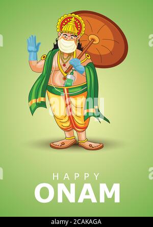 Mahabali o maveli, Kerala vecchio re. Viene per ogni anno onam celebrazione. corona virus covid 19, concetto. Illustrazione Vettoriale