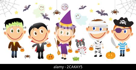 Gruppo di bambini in costumi di Halloween. Set di caratteri per l'illustrazione vettoriale del cartone animato isolato su sfondo bianco. Illustrazione Vettoriale